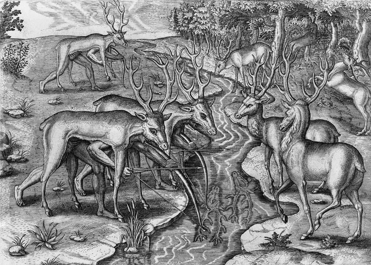 Florida-indianere på jagt, forklædt som hjorte, USA, gravering af Theodor de Bry (1528-1598) af Theodore de Bry