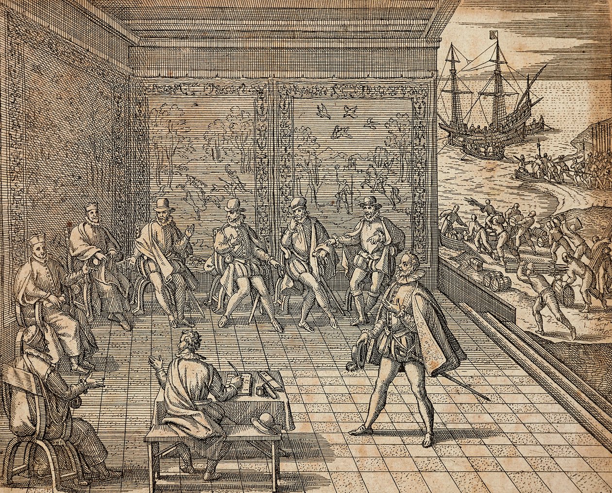 Francisco Pizarro forbereder sig til sin ekspedition til Sydamerika, af Theodor de Bry af Theodore de Bry