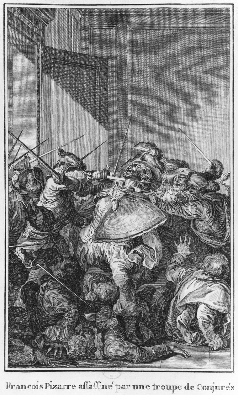 Francisco Pizarro myrdet af en hær af sammensvorne, 1541 af Theodore de Bry