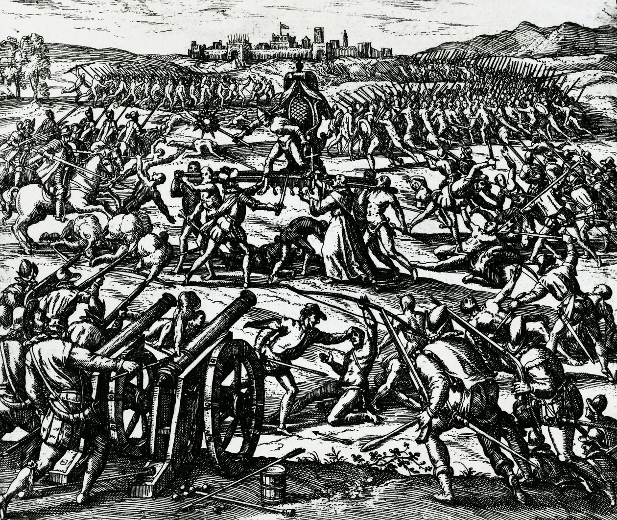 Francisco Pizarros (ca. 1475-1541) tropper, der fangede inkakejser Atahualpa under slaget ved Cajamarca, 16. november af Theodore de Bry