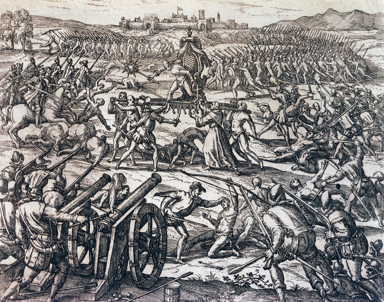 Francisco Pizarros (ca. 1475-1541) tropper, der fangede inkakejser Atahualpa under slaget ved Cajamarca, 16. november af Theodore de Bry