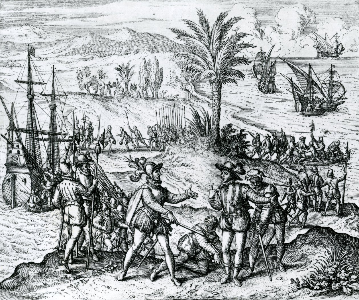 Francisco de Bobadilla ankommer som guvernør og arresterer Christopher Columbus (1451-1506) i Hispaniola, 1500, 1590 af Theodore de Bry