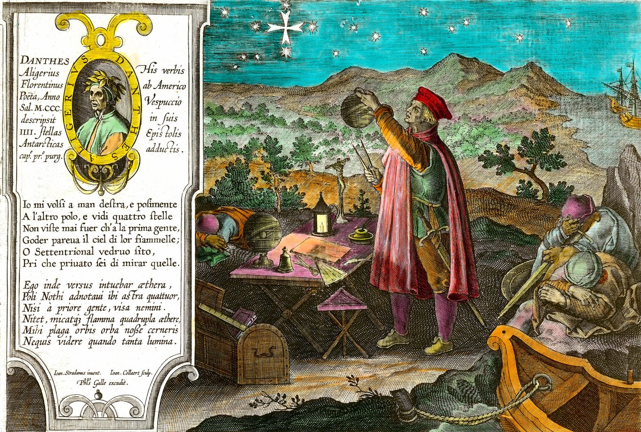 Amerikas historie: Amerigo Vespucci (Americus Vespucius) (1451/1454-1512), italiensk købmand og navigatør bruger sit astrolabium til at måle Sydkorset. Venstre portræt af den italienske digter Dante Alighieri (1265-1321) og en passage af den første sang fr af Theodore de Bry