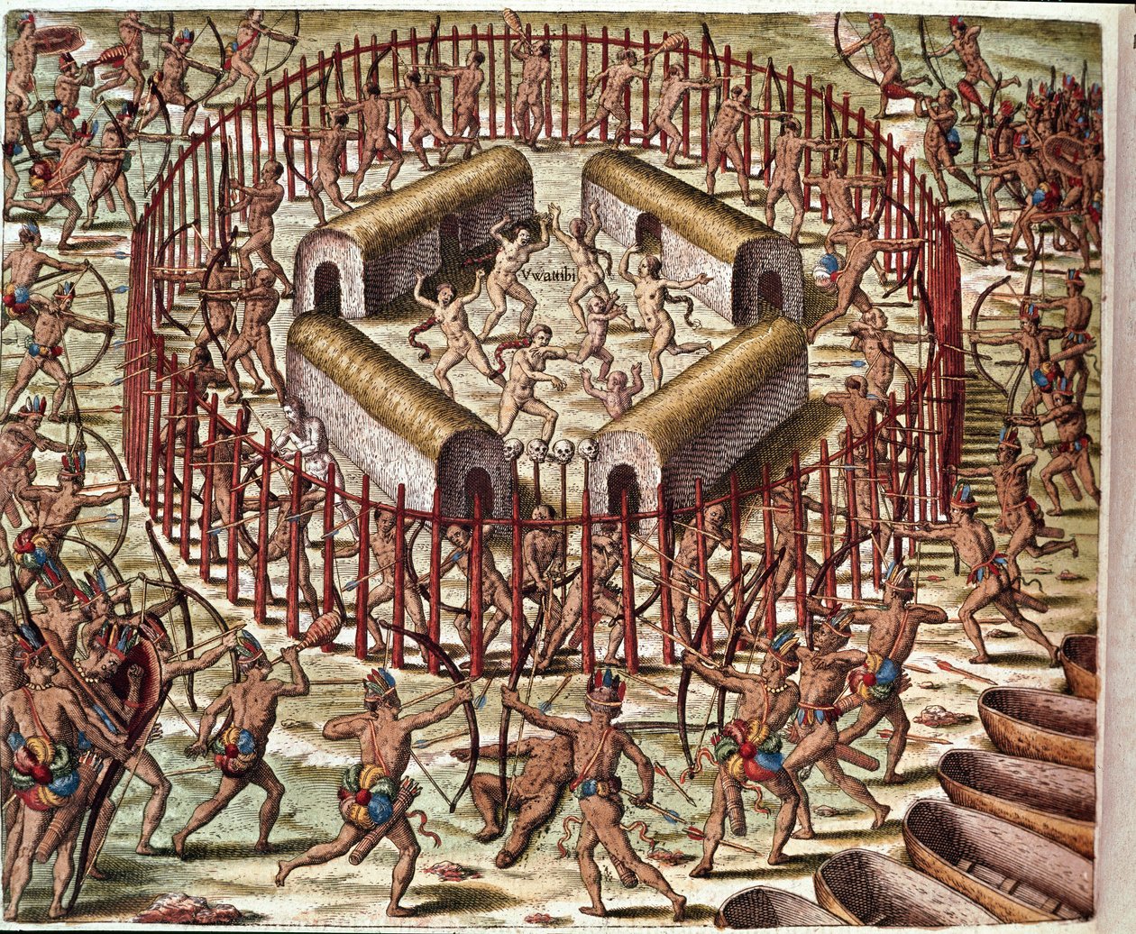 Amerikas historie: "" An Indian Village of Virginia"" Indgravering fra "" Admirable Narratio Americae"" af Theodore de Bry (1528-1598) af Theodore de Bry