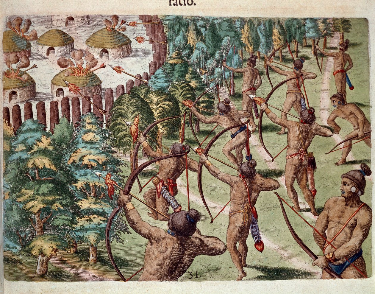 Amerikas historie: "" En indianerstamme angriber en landsby i Florida om natten"" Indgravering fra "" Admirante Narratio Americae"" af Theodore de Bry (1528-1598) af Theodore de Bry