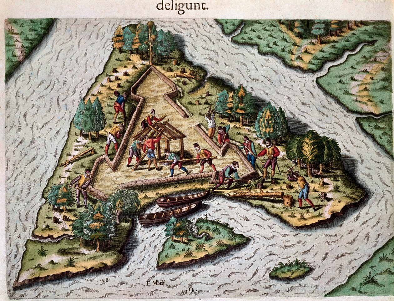 Amerikas historie: "" Konstruktion af et trekantet fort af de franske hære af Jean Ribault (eller Ribaud) nær St. John River i Florida"" Indgravering fra "" Admirante Narratio Americae"" (Historie om Amerika) af Theodore de Bry ( 1528-1598) af Theodore de Bry