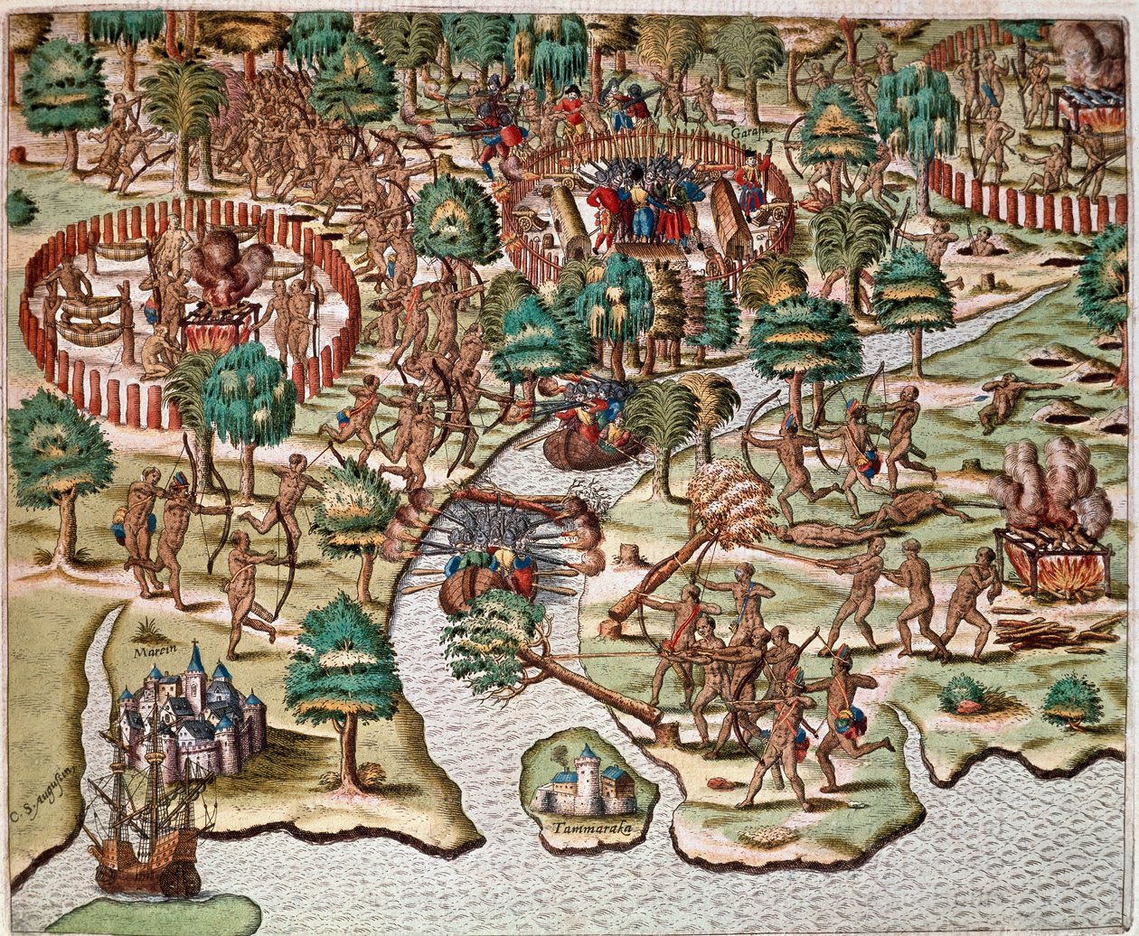 Amerikas historie: "" Beskrivelse af metoder til belejring og angreb, indianere, der kæmper mod spanske arméer"" Oplæsning af fangenskabet af Hans Staden, tysk opdagelsesrejsende, der rejste med de spanske flåder til Brasilien, taget til fange af Tupinamba af Theodore de Bry