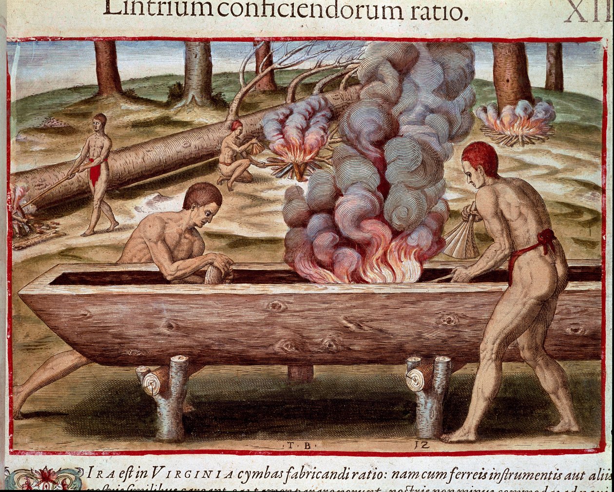 Amerikas historie: "Indians Building Boats"" Indgravering fra "Admirante Narratio Americae" af Theodore de Bry (1528-1598) af Theodore de Bry