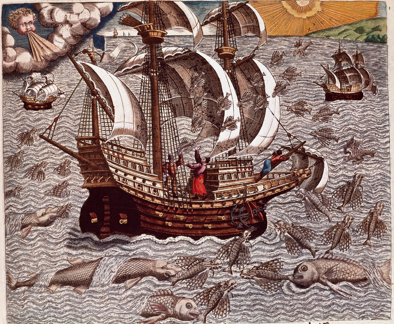 Amerikas historie: "" Rejse af spanske karaveller omgivet af flyvende fisk"" Oplæsning af rejserne for Hans Staden, tysk opdagelsesrejsende, der rejste med de spanske flåder til Brasilien, taget til fange af Tupinamba-indianerne. Indgravering fra "Americae af Theodore de Bry