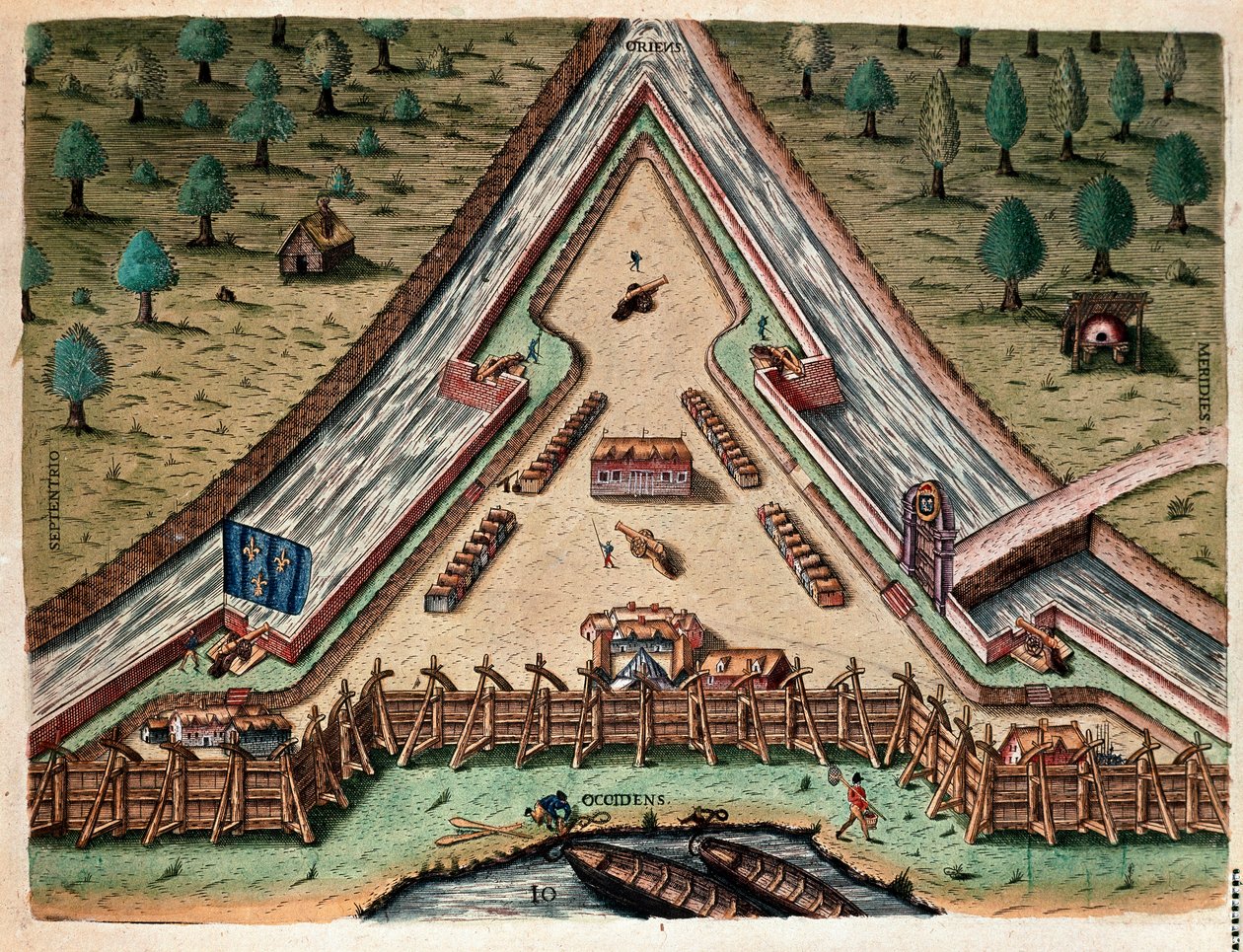 Amerikas historie: "Life of Fort Carolina, Bastion of Carolina" "Gravering fra "Admirante Narratio Americae"" af Theodore de Bry (1528-1598) efter en tegning af Jacques le Moyne (de Morgues) (1533-1588) af Theodore de Bry