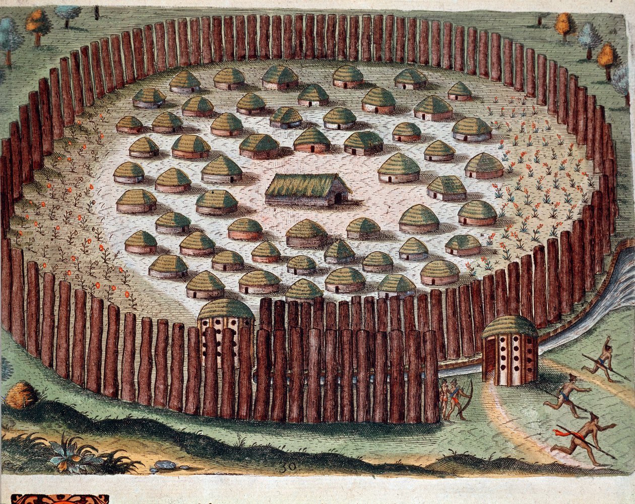 Amerikas historie: "" Repræsentation af en indisk landsby befæstet i Florida"" Indgravering fra "" Admirante Narratio Americae"" af Theodore de Bry (1528-1598) af Theodore de Bry