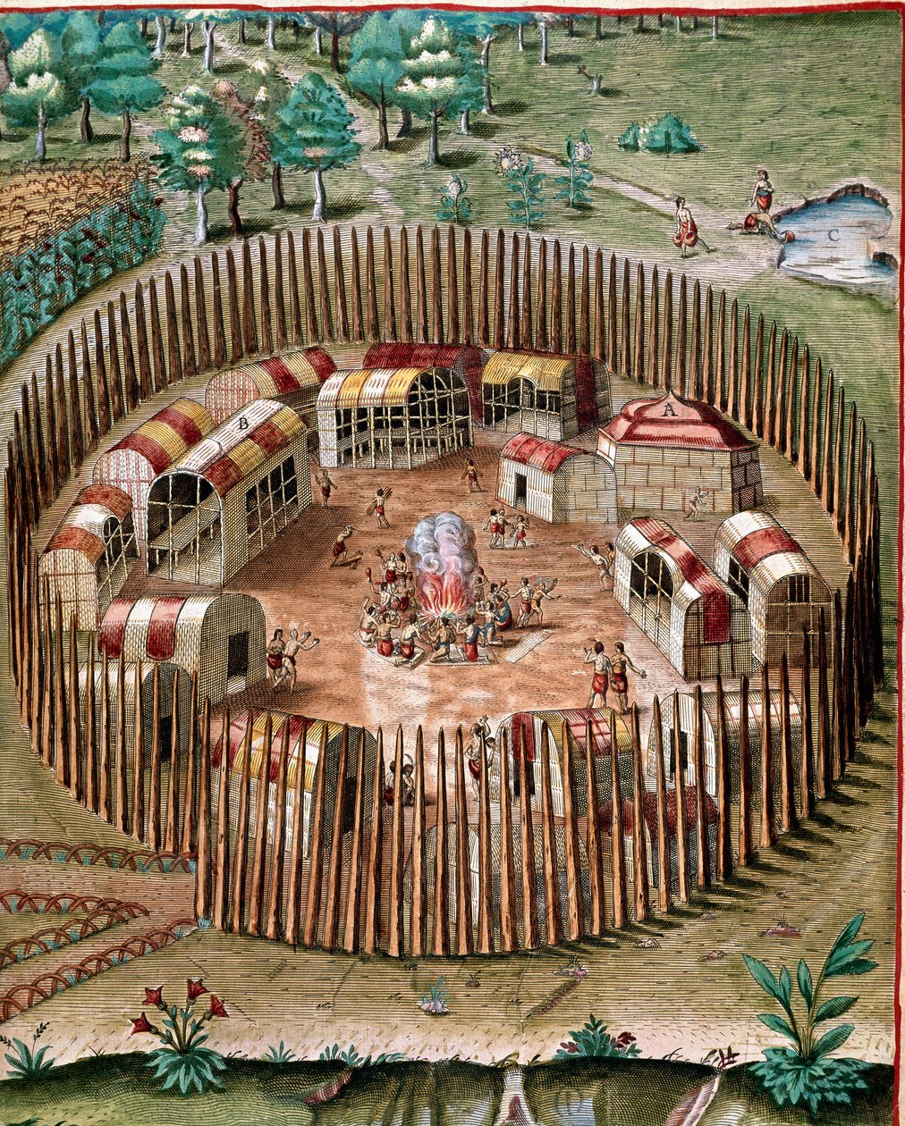 Amerikas historie: "" Repræsentation af den befæstede by Pomeiock eller Pomeiooc i Virginia i 1585""" Indgravering fra "" Admirante Narratio Americae""" af Theodore de Bry (1528-1598) af Theodore de Bry