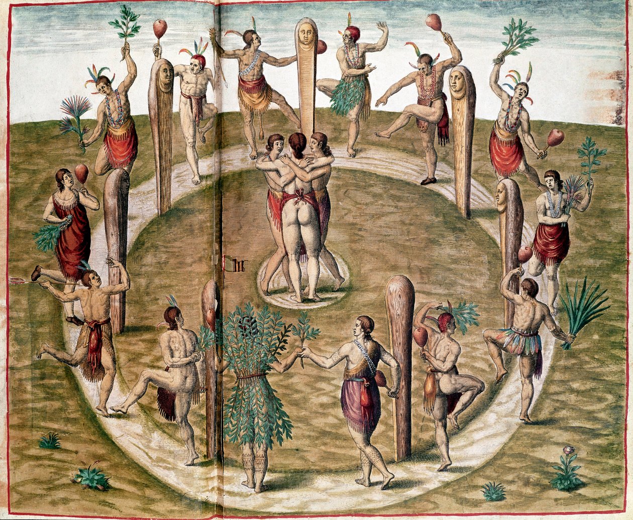 Amerikas historie: "" Rituel dans for at fejre venskab"" Indgravering af Theodore de Bry (1528-1598). Vincennes fra det 16. århundrede, flådens historiske museum af Theodore de Bry