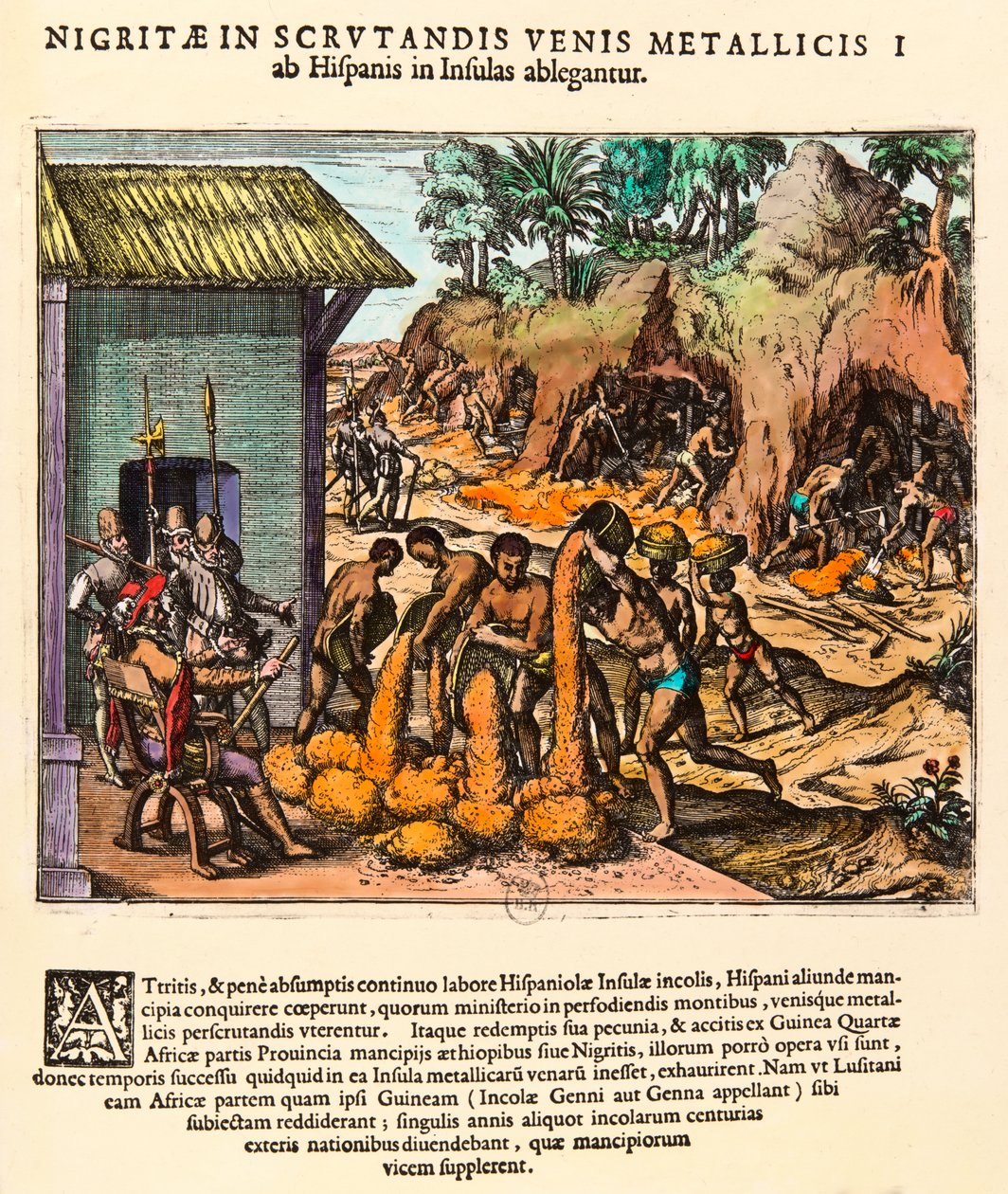Amerikas historie: Spanierne udnytter guldminer. Indianerne arbejder for øjnene af bosætterne. Gravering af Theodore de Bry (1528-1598). 1500-tallets privatsamling af Theodore de Bry