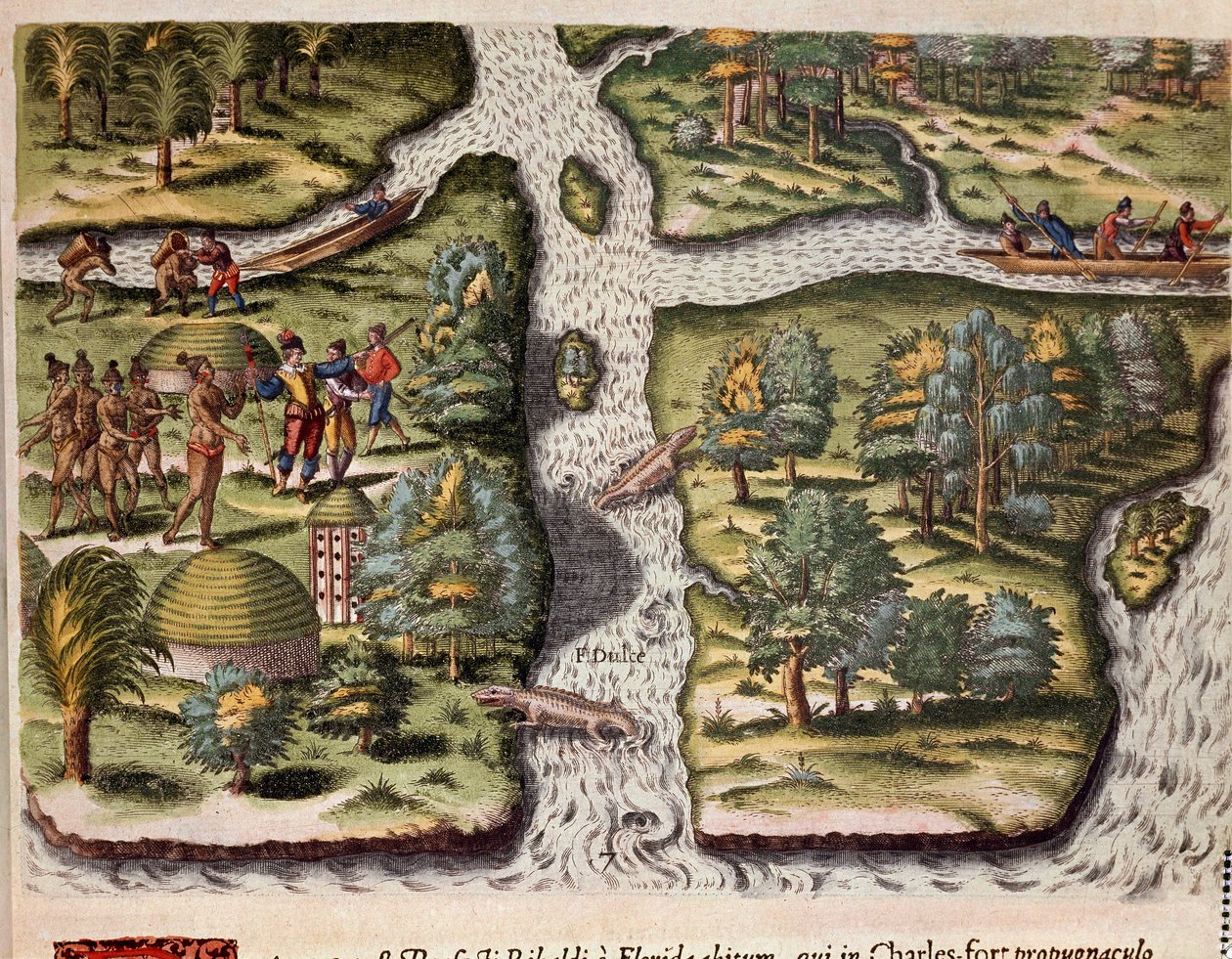 Amerikas historie: "" Franskmændene fra ekspeditionen af Jean Ribault (eller Ribaut) bosat i Charlesfort (Fort Carolina) giver mad til Florida-indianerne, alligatorer er repræsenteret i floderne""" Gravering fra "Admirante Narratio Americae"" ( Historie o af Theodore de Bry