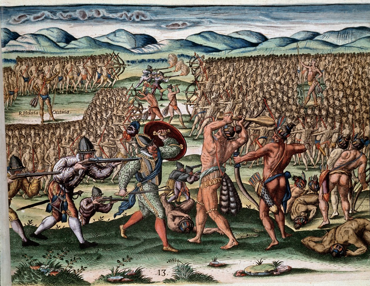Amerikas historie: "" Soldaterne fra høvding Outina (eller Olata Utina) kæmper, ved hjælp af franskmændene fra ekspeditionen af ​​Jean Ribault (eller Ribaut), fjendens stammer af Potanou""" Indgravering fra "Admirante Narratio Americae"" (Historie) ). of t af Theodore de Bry