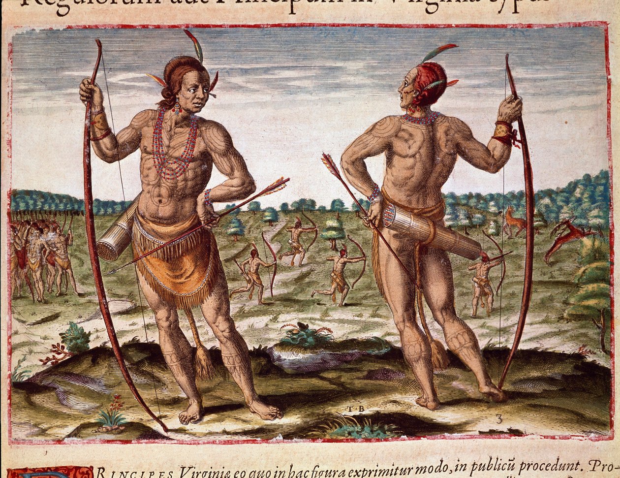Amerikas historie: "" To indbyggere i Virginia, indiske våben med pile og bue"" Indgravering fra "" Admirante Narratio Americae"" af Theodore de Bry (1528-1598) af Theodore de Bry