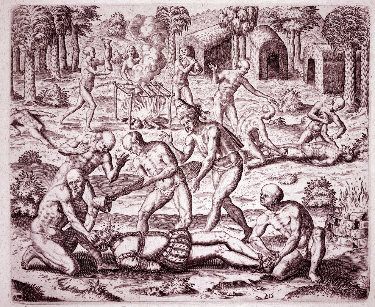 Historien om Amerika: beskrivelse af de tortur, som indianerne påførte spanske bosættere, hældte guld i munden og skar deres medlemmer for at spise dem (gravering) af Theodore de Bry