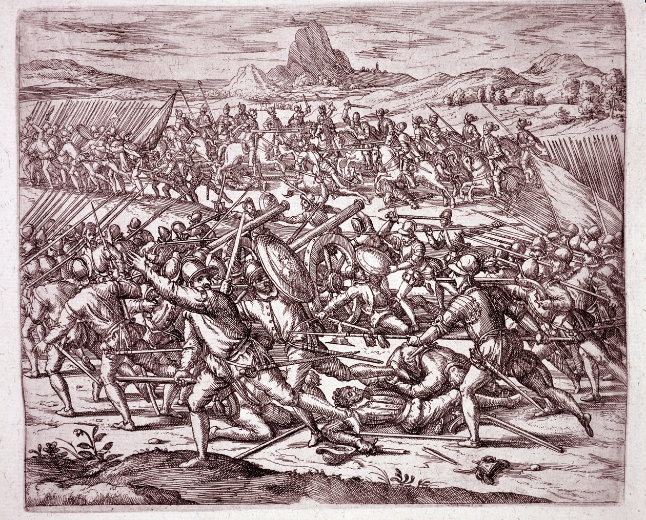 Historien om Amerika: kampe mellem hærene fra Vaca de Castro og Almagro junior efter Francisco Pizarros og Diego de Almagros død (gravering af Theodore de Bry