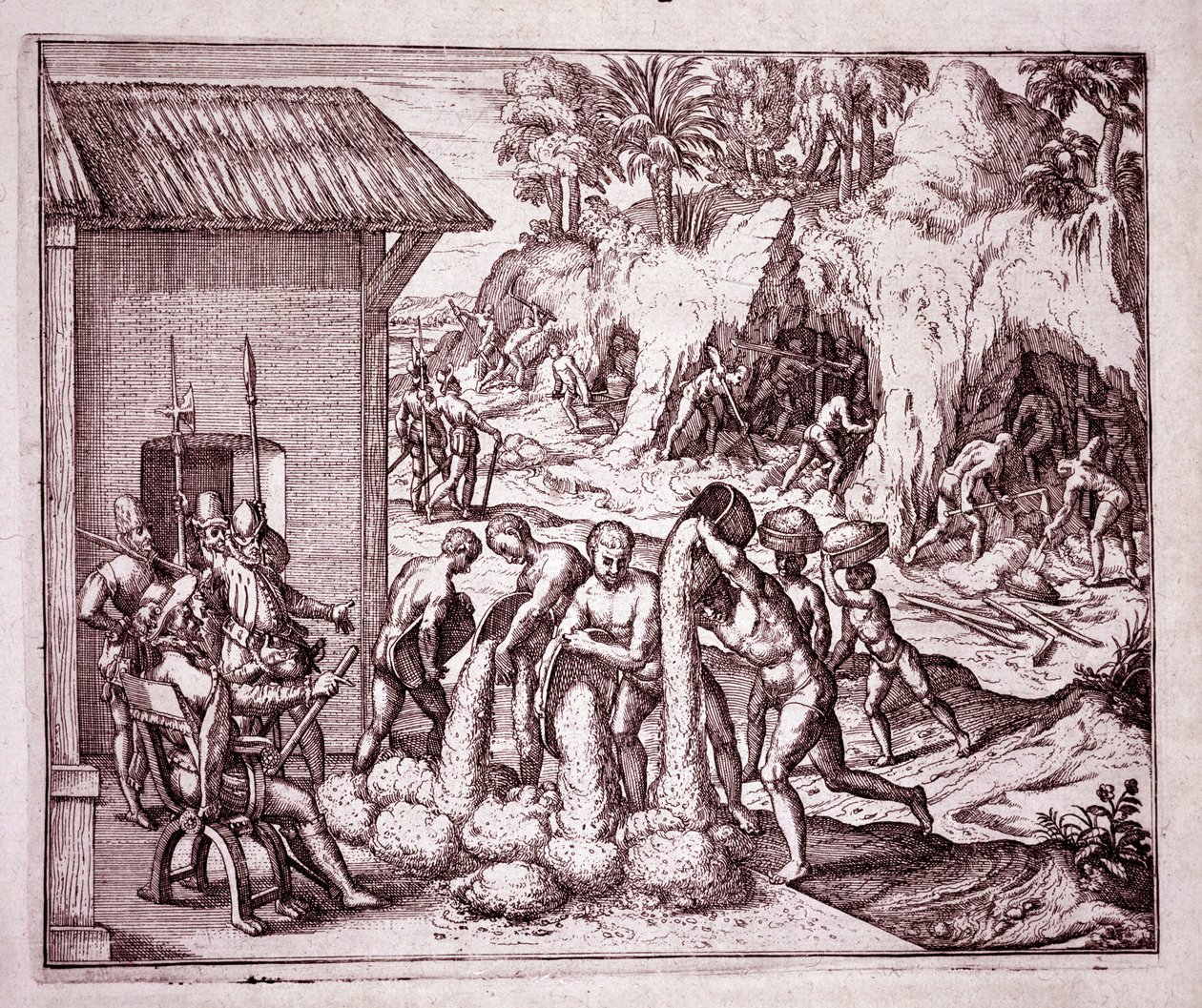 Amerikas historie: spanierne udnytter guldminerne (gravering af Theodore de Bry
