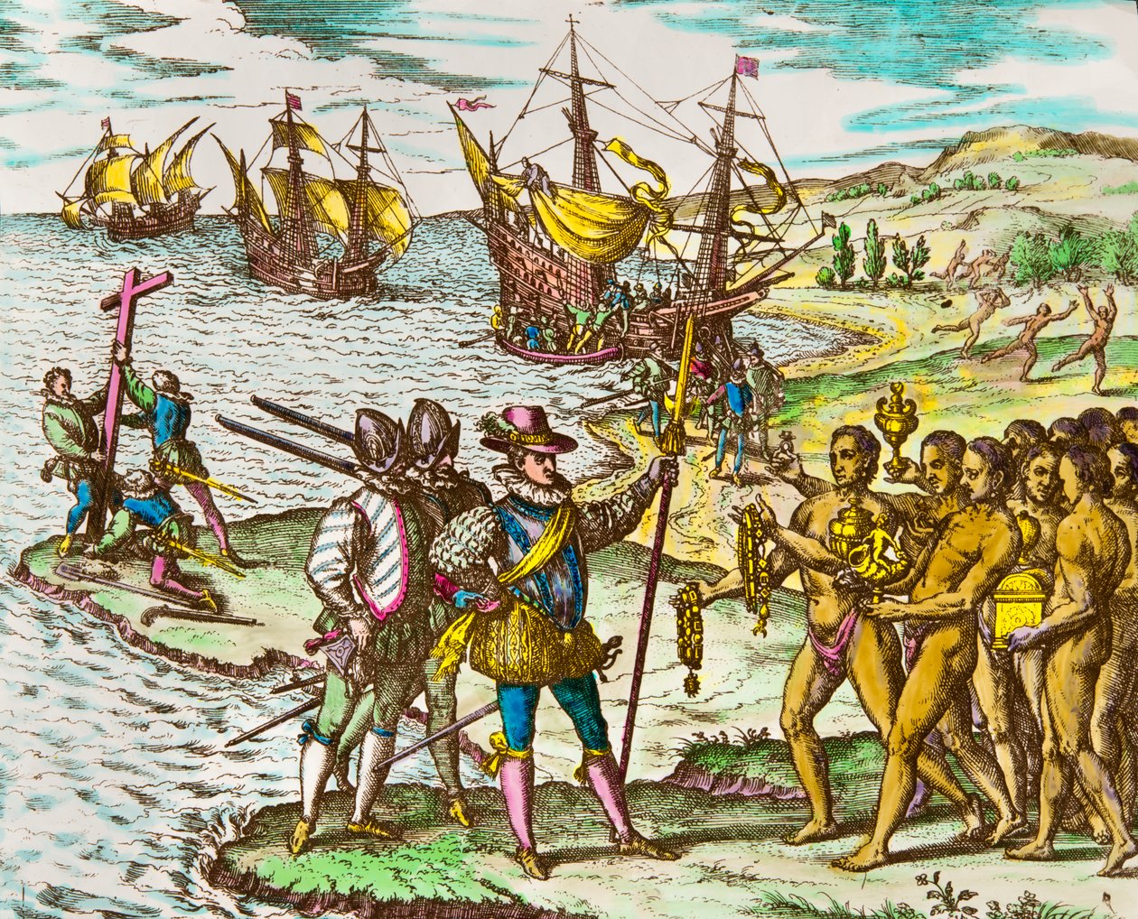 Amerikas historie: opdagelsesrejsende Christopher Columbus (1451-1506) bliver budt velkommen af indianerne ved hans ankomst til den nye verden"" Gravering af Theodore De Bry (1528-1598) Gravering af det 16. århundrede af Theodore de Bry