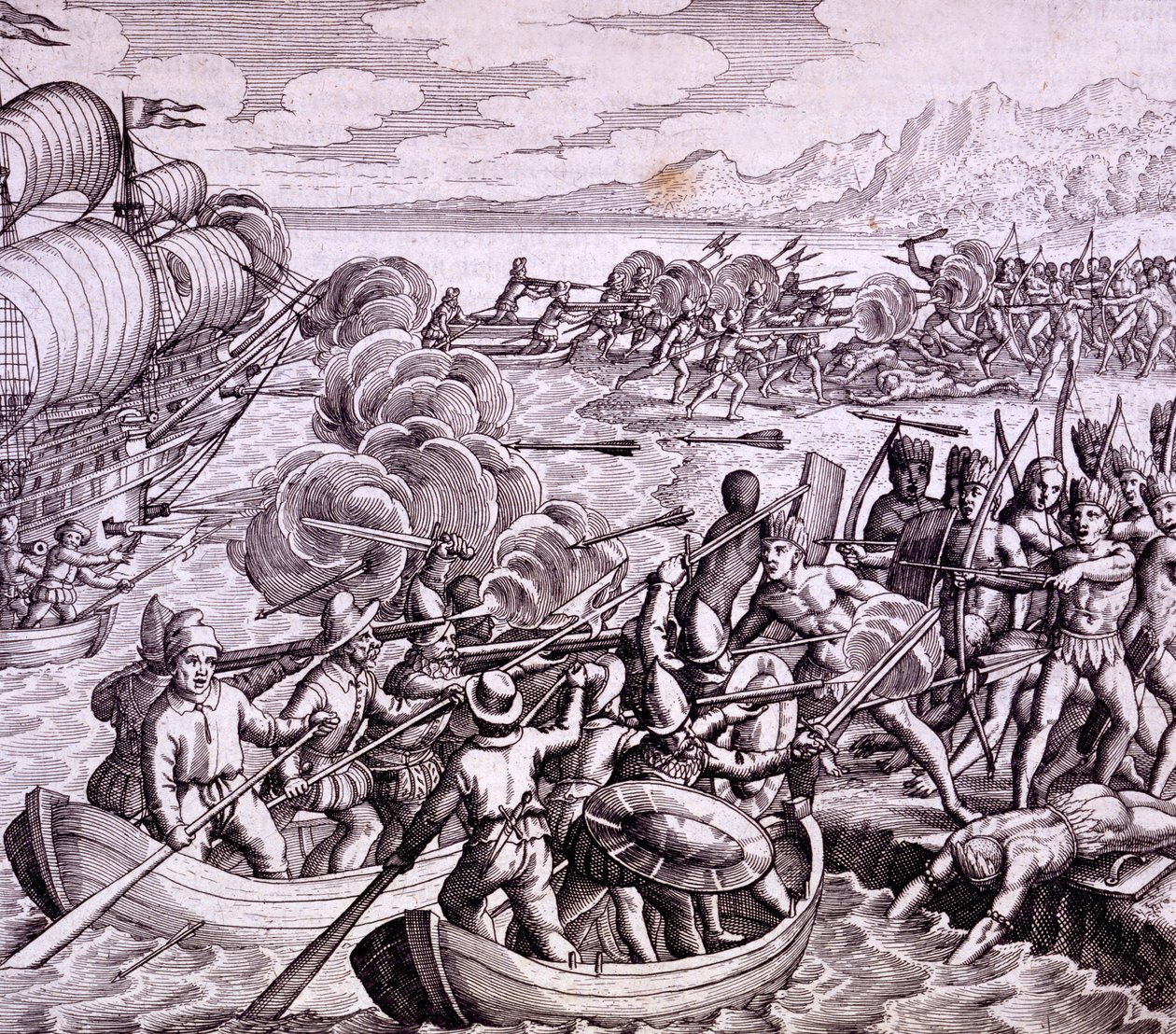 Hvordan spanierne landede på øen Haiti, med 400 mand, der lod en stor kamp med de indfødte, illustration fra 