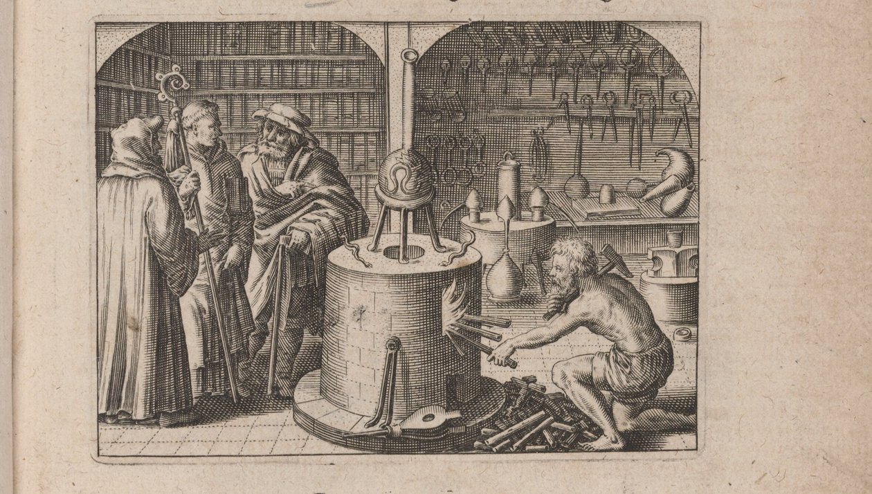 Illustration til Tripus Avrevs, det vil sige tre afhandlinger af udvalgte kemikere.., 1618 af Theodore de Bry