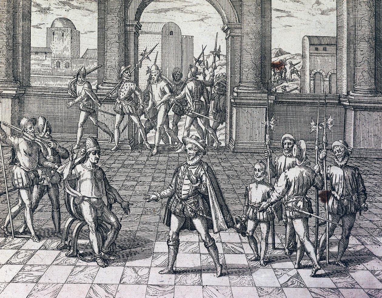 Inkakejser Atahualpa bliver taget til fange af spaniere i Cajamarca, Peru, gravering fra amerikansk historie af Theodore de Bry (1528-1598), Frankfurt af Theodore de Bry