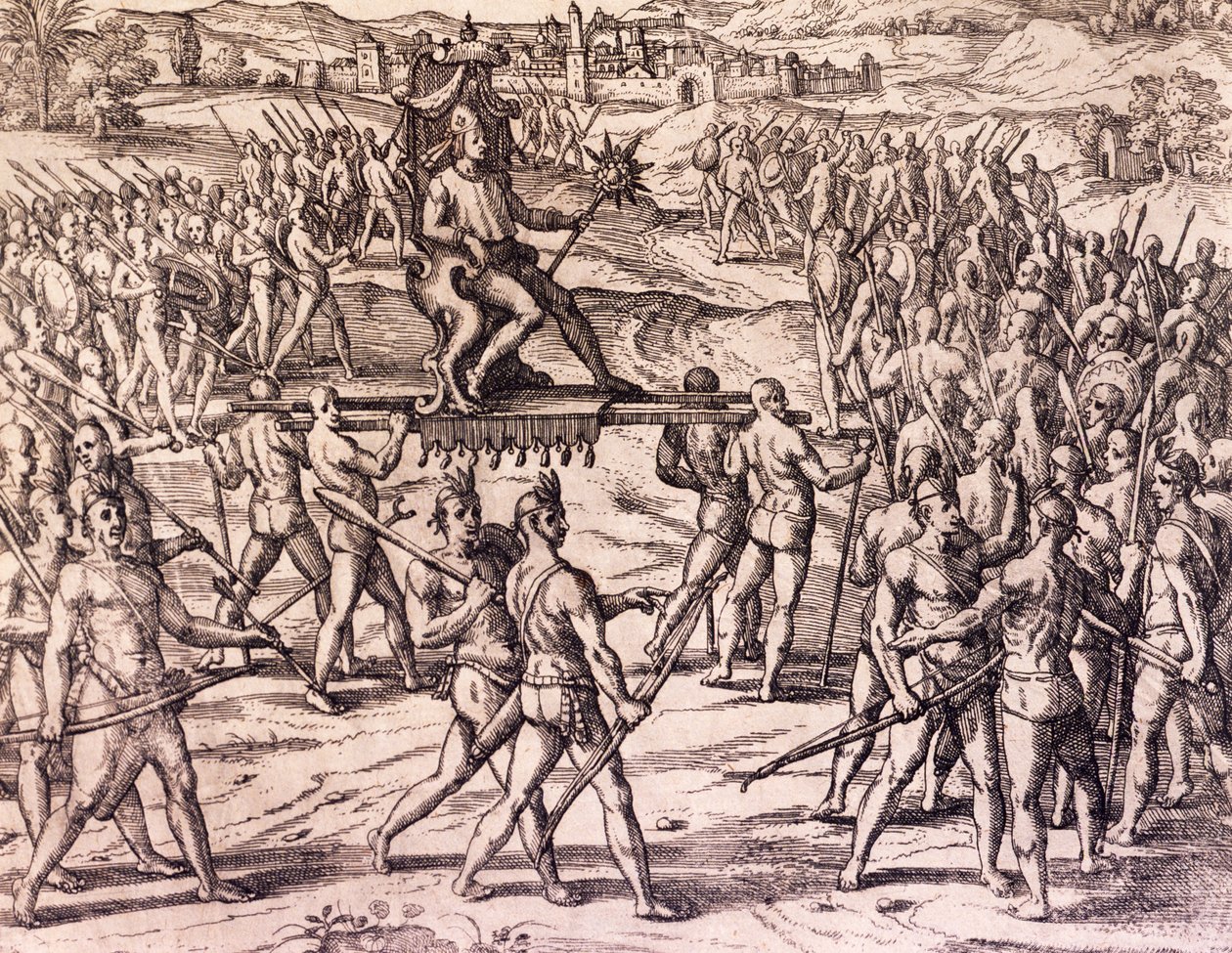 Inkakejser Atahualpa besejret af Francisco Pizarros (1475-ca 1541) spanske tropper, Peru, gravering fra amerikansk historie af Theodore de Bry (1528-1598), Frankfurt af Theodore de Bry