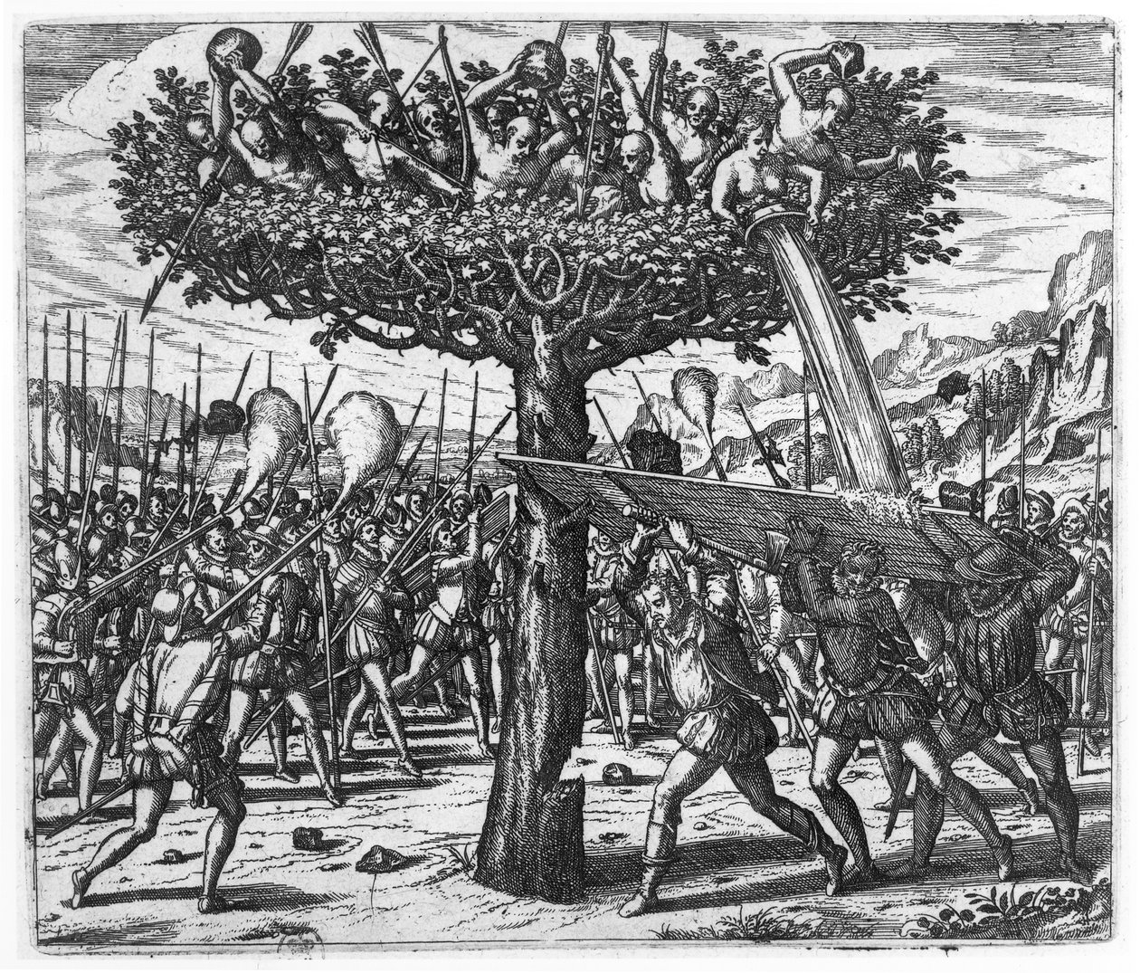 Indianere i et træ kaster projektiler mod spanierne af Theodore de Bry