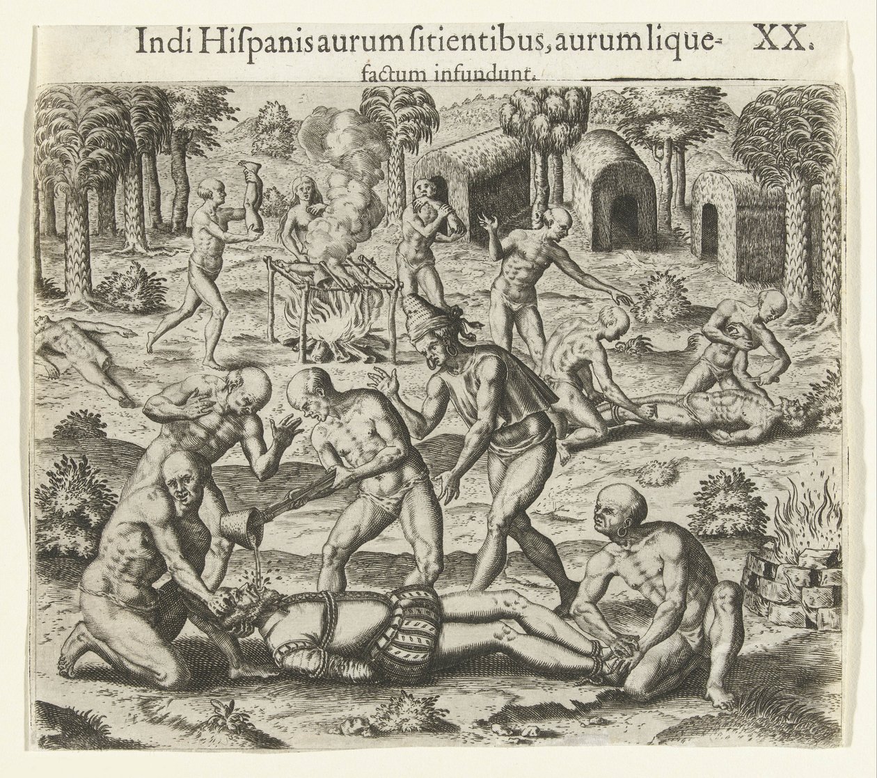 Indianere hælder flydende guld i munden på en spanier, 1594. af Theodore de Bry
