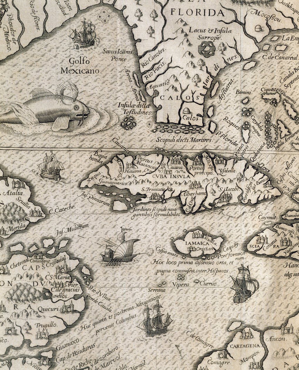 Island of Cuba, Florida og den Mexicanske Golf, gravering fra History of American Grand Voyages af Theodore de Bry