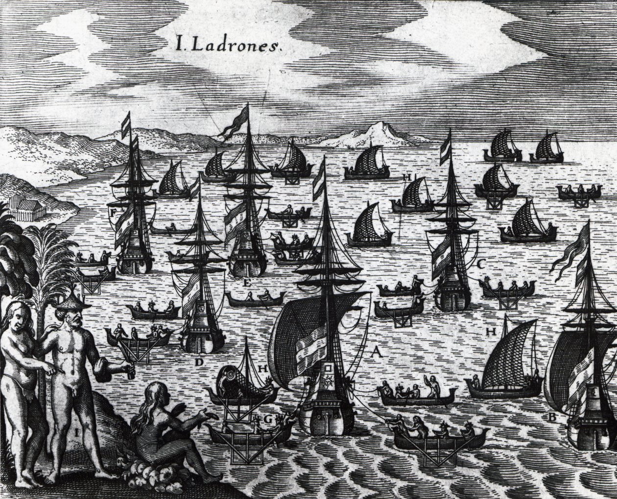 Tyvenes øer (Islas de los Ladrones, i dag Marianas-øerne), gravering fra Peregrinationes, af Theodor de Bry (1528-1598). 16. århundrede af Theodore de Bry