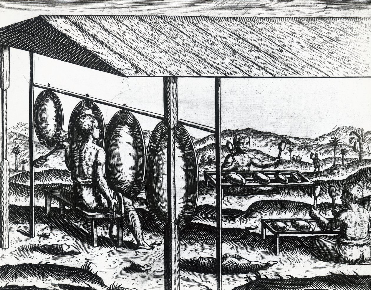 Javanesiske musikinstrumenter, af Theodor de Bry (1528-1598), gravering af Theodore de Bry