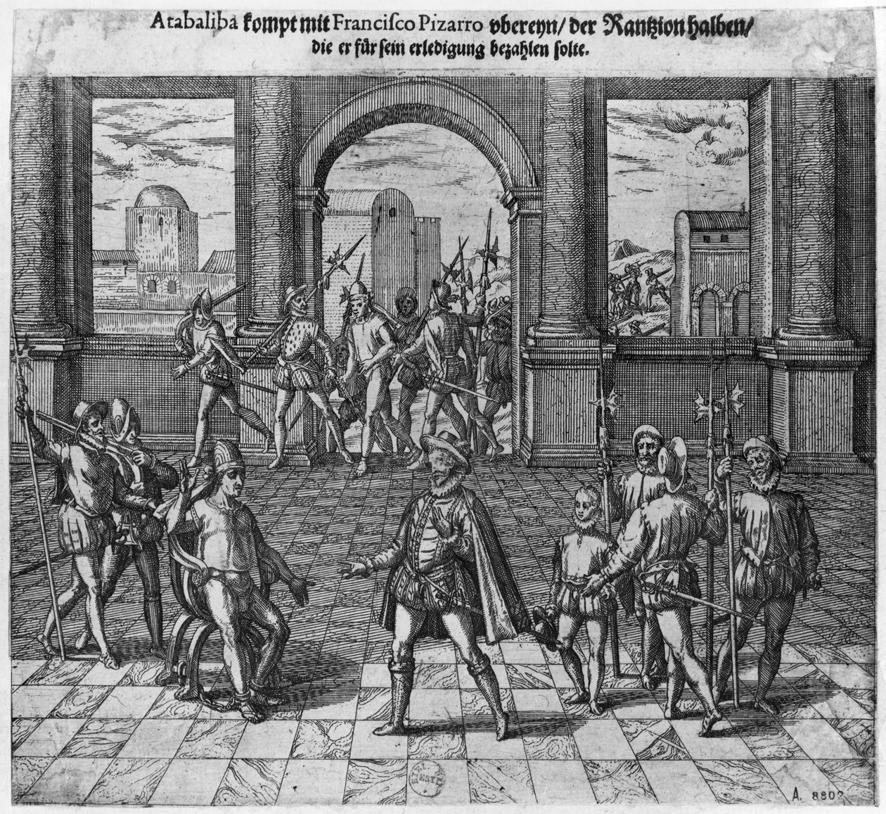 Kong Atahualpa (ca. 1502-33) behandler sin løsesum med Francisco Pizarro, 1533 (gravering) (bw foto) af Theodore de Bry
