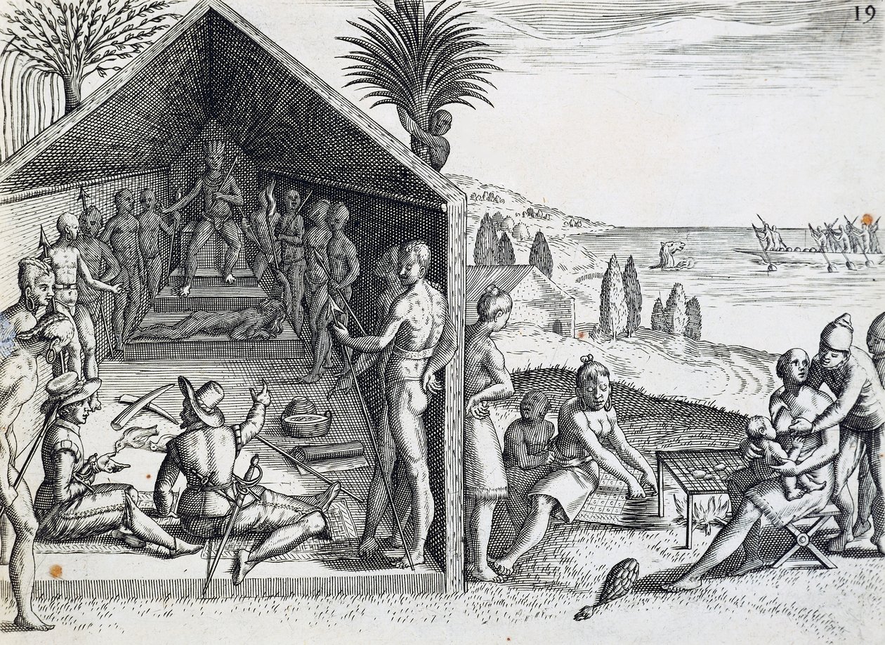 Konge modtager europæiske besøgende, Cape Lopez, Gabon, gravering fra India orientalis af Theodor de Bry (1528-1598), Afrika af Theodore de Bry