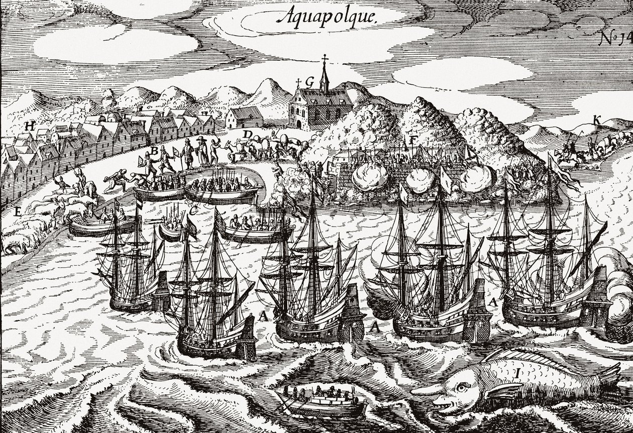 Mexico, Udsigt over Acapulco - Mexico (Aquapolque), Theodore de Bry, ca. 1630. Tidligt syn på kolonibosættelsen ved Acapulco, som spanierne brugte som hovedhavn for deres Stillehavshandel med Filippinerne. Havnen er fyldt med galjoner og en lar af Theodore de Bry