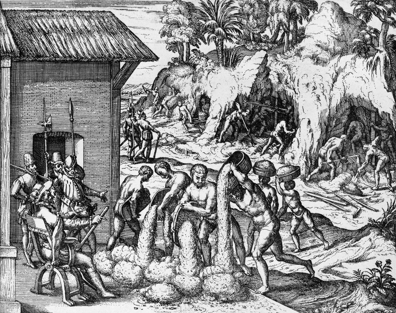 Minedrift efter mineraler i Central- og Sydamerika, gravering fra Americae pars V, af Theodor de Bry (1561-1623) af Theodore de Bry