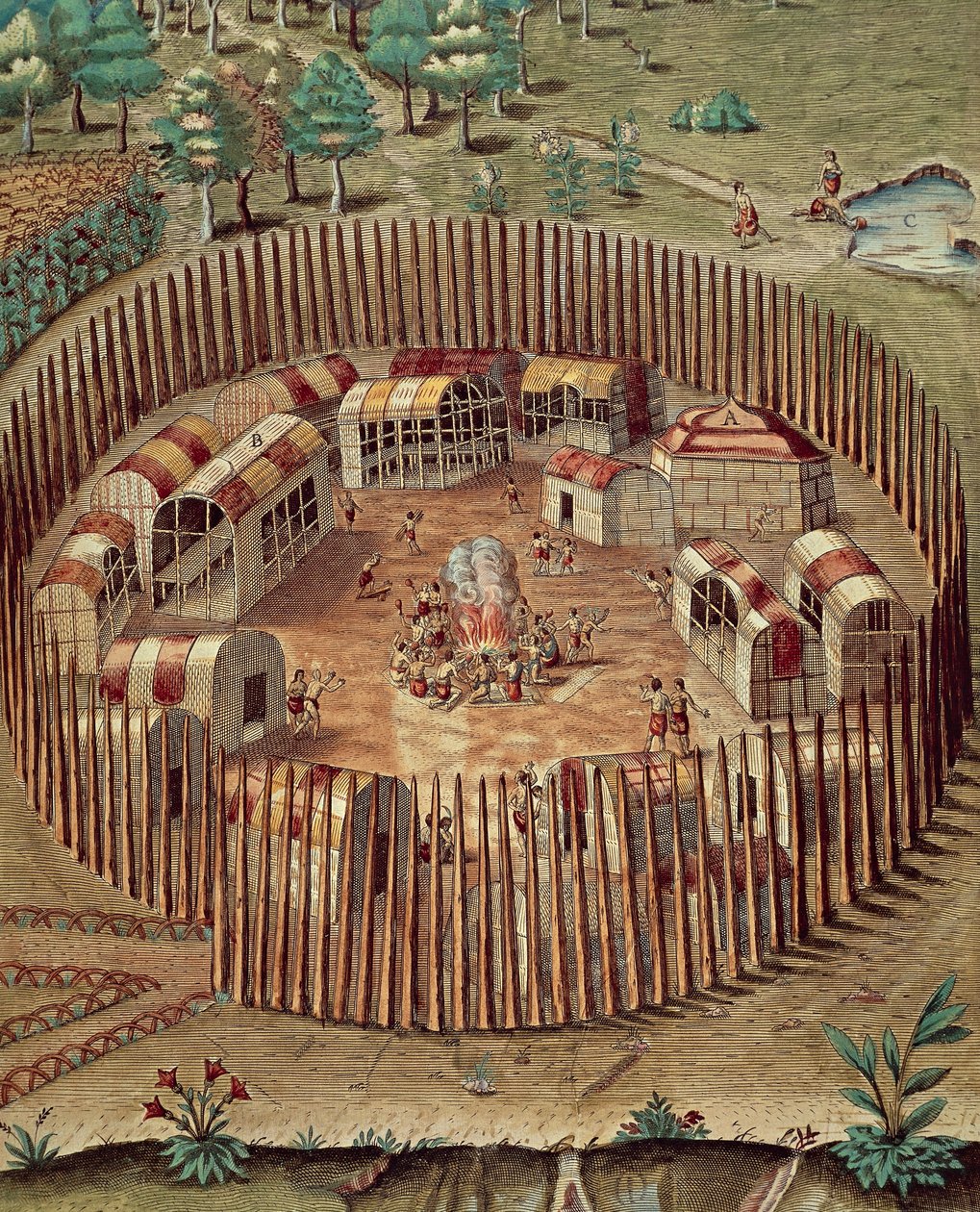 Native American befæstet landsby i Virginia af Theodore de Bry