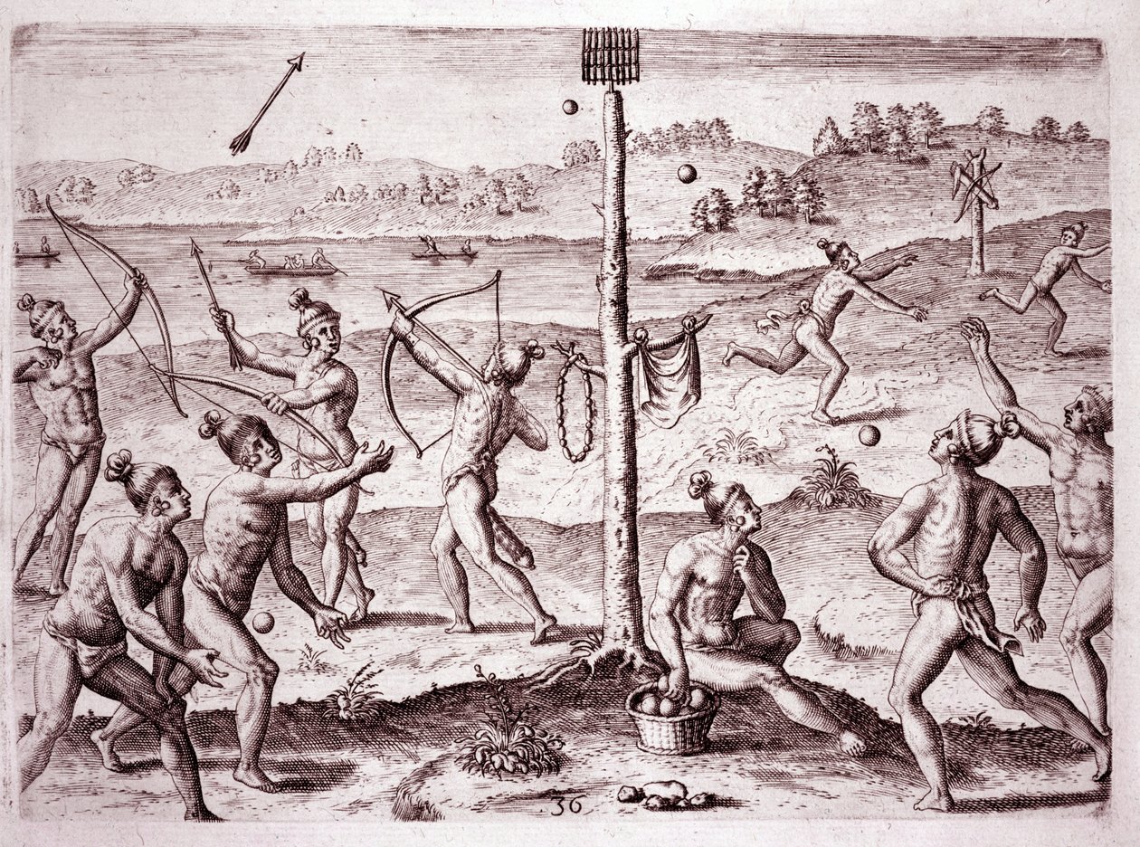 Indfødte amerikanere øver sig i at løbe, skyde pile og kaste bold, Florida (gravering af Theodore de Bry