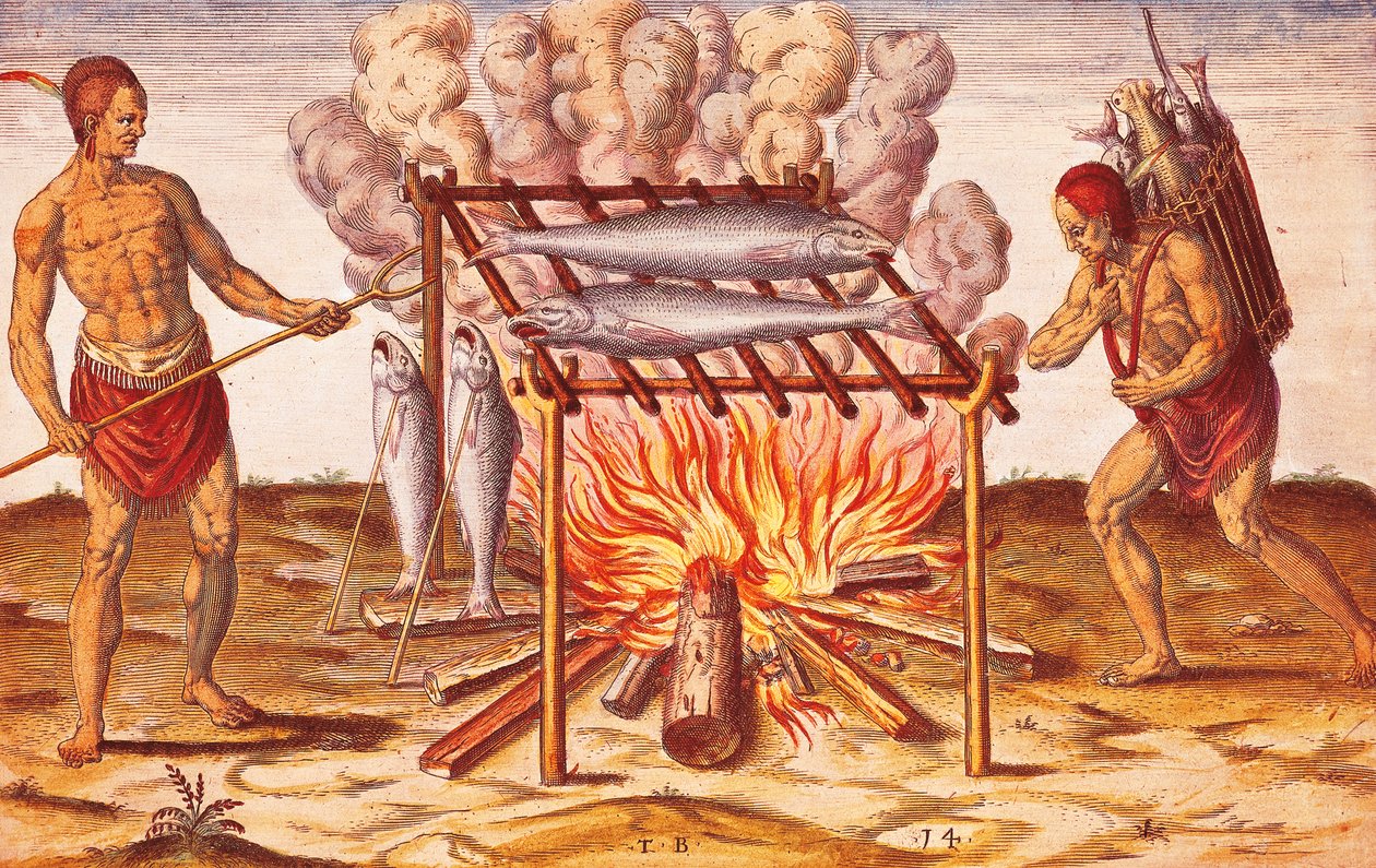 Natives lives: How Indians Cook Fish, Illustration fra Admiranda Narratio af Theodore De Bry af Theodore de Bry