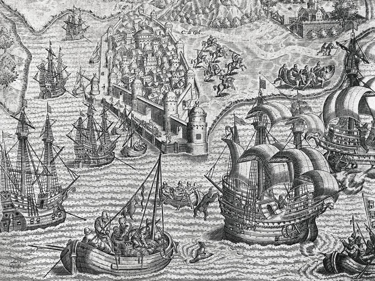 Søslag, gravering fra amerikansk historie af Theodore de Bry (1528-1598), Frankfurt af Theodore de Bry