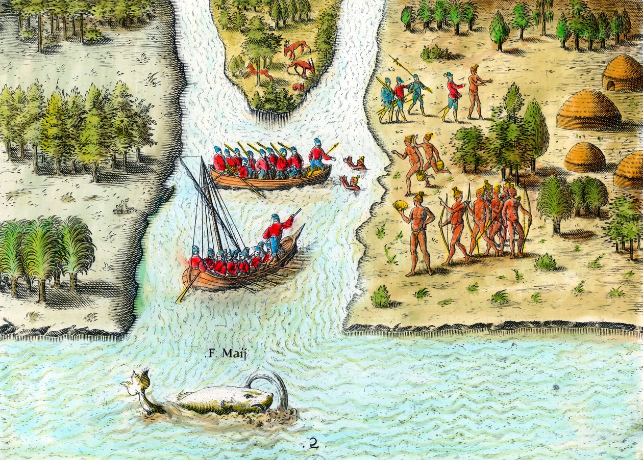 Franskmændenes sejlads i Sydamerika i det 16. århundrede”. En hval er repræsenteret. Gravering fra "History of America" af Theodore De Bry (1528-1598) 1500-tallets privatsamling af Theodore de Bry