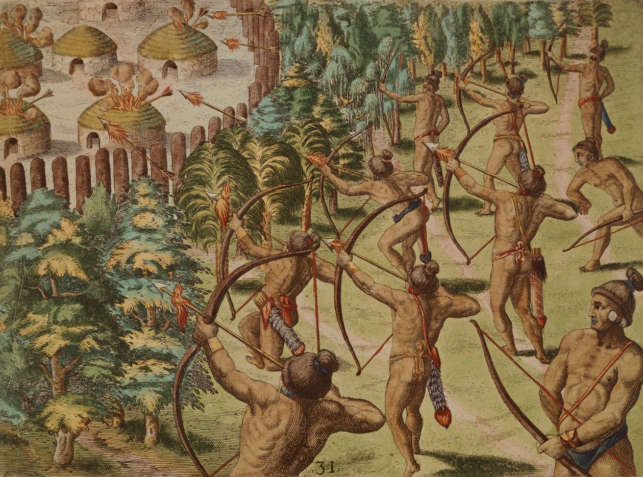 Natteangreb på en indisk landsby med flammende pile af Theodore de Bry