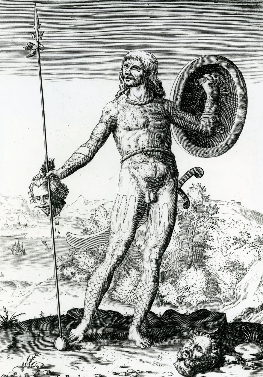 Piktisk mand med et menneskehoved af Theodore de Bry