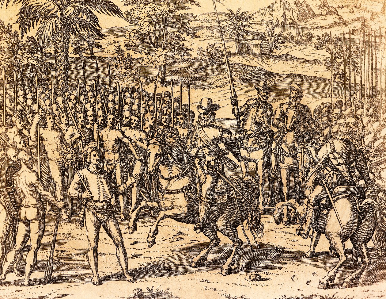 Pizarro bliver budt velkommen af de indfødte, illustration fra amerikansk historie af Theodore de Bry af Theodore de Bry
