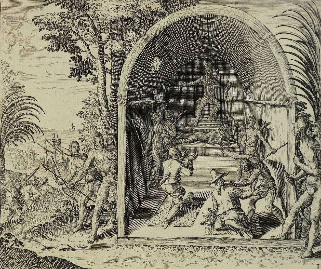 Portugisiske søfarere, der ankommer til Etiopien, Illustration fra Østindien af ​​Antonio Pigafetta, af Theodore de Bry af Theodore de Bry
