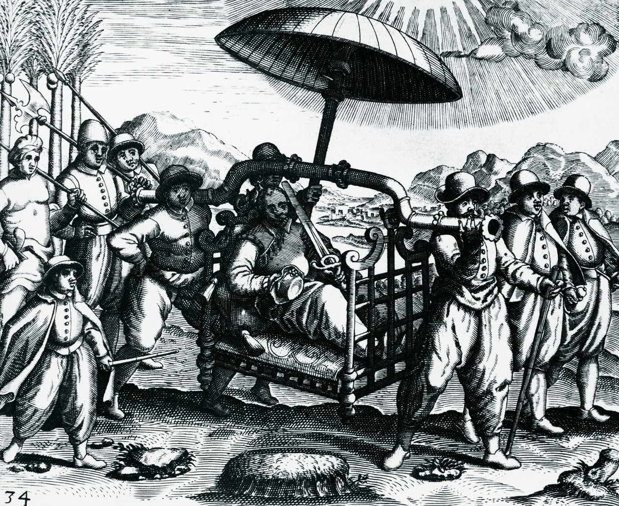 Portugisisk i Indien, bliver transporteret på affald, gravering fra Peregrinationes, af Theodor de Bry (1528-1598), Indien af Theodore de Bry