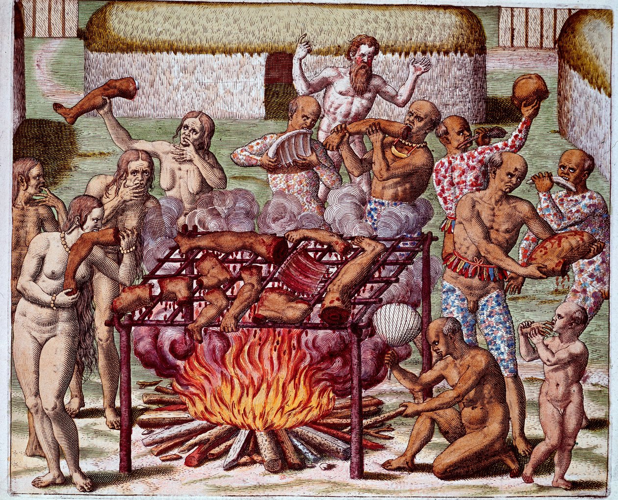 Scene af kannibalisme i Brasilien Indianerne fortærede deres fjender og fanger. Gravering fra "Admirante Narratio Americae" af Theodore de Bry (1528-1598) af Theodore de Bry