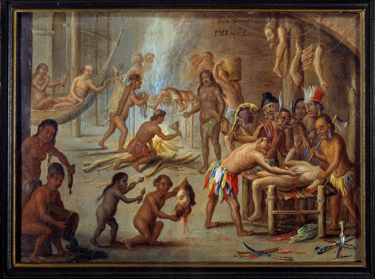 Scene for kannibalisme i Brasilien i 1644. Indianerne slugte deres fjender og fanger. Maleri af Jan van Kessel dit le vieux (1626-1679) (ec.flam.) fra en illustration af Theodore de Brys rejser til Brasilien. Sol. 0,18x0,24 m La Rochelle, museum d af Theodore de Bry